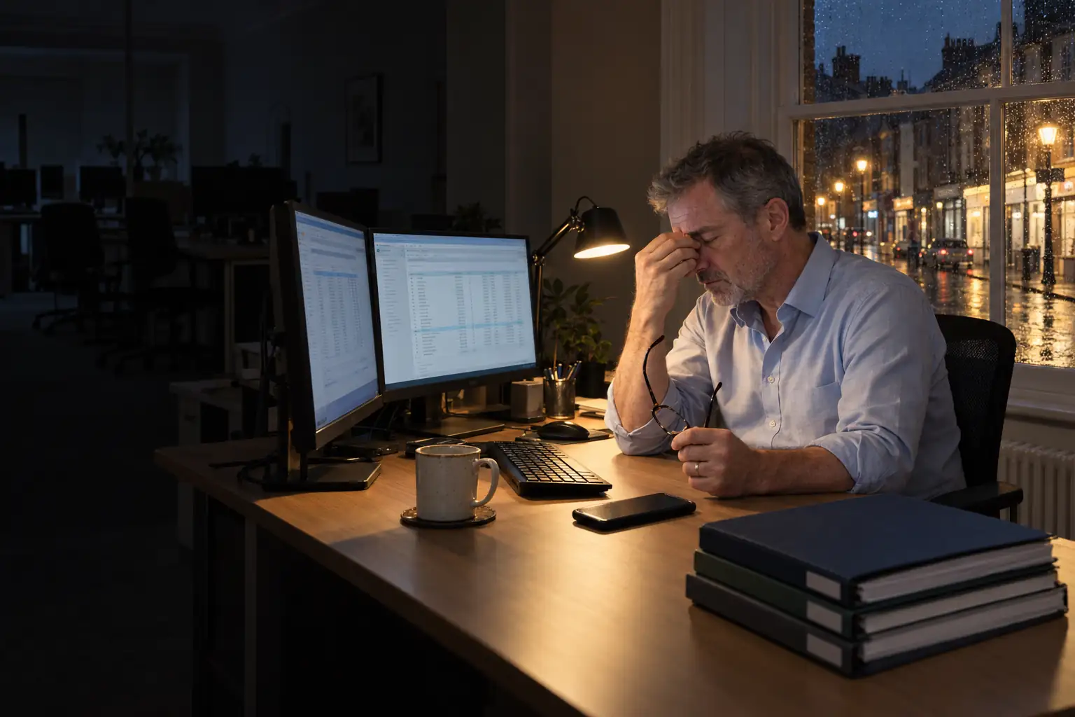 The same desk at 7.40pm: the accountant pinches the bridge of his nose, still working.