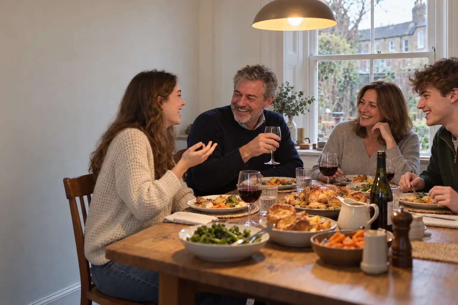 The accountant laughs with his wife, daughter and son over a Sunday roast at home.