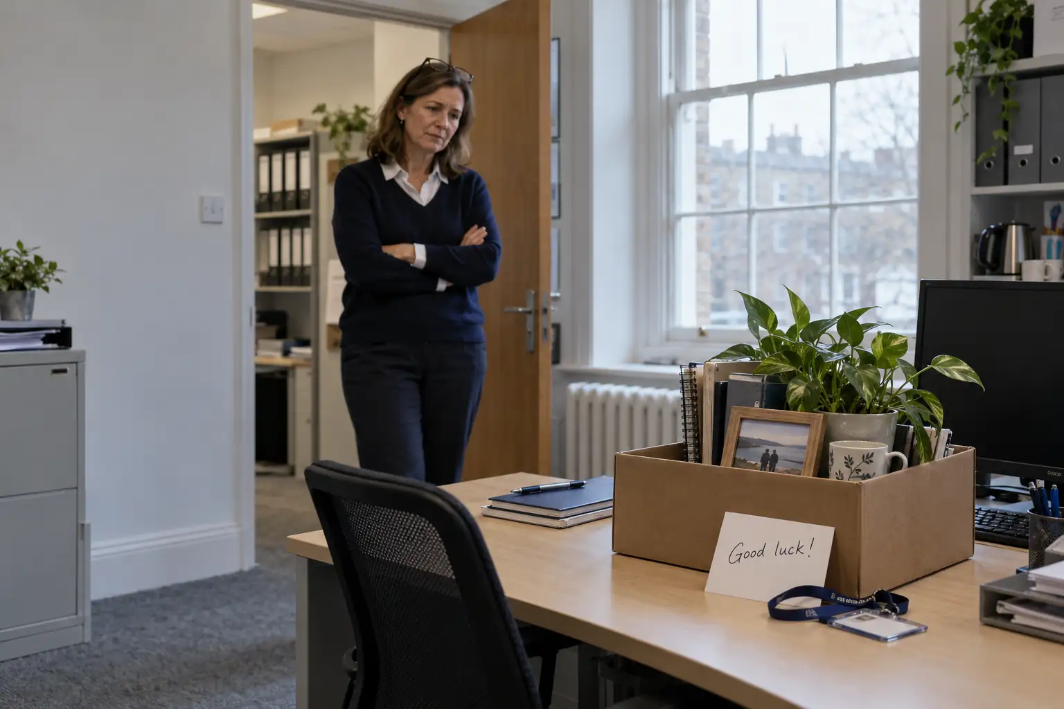 A practice partner stands by an emptied desk: a packed box, a plant, a framed photo and a Good luck! card.